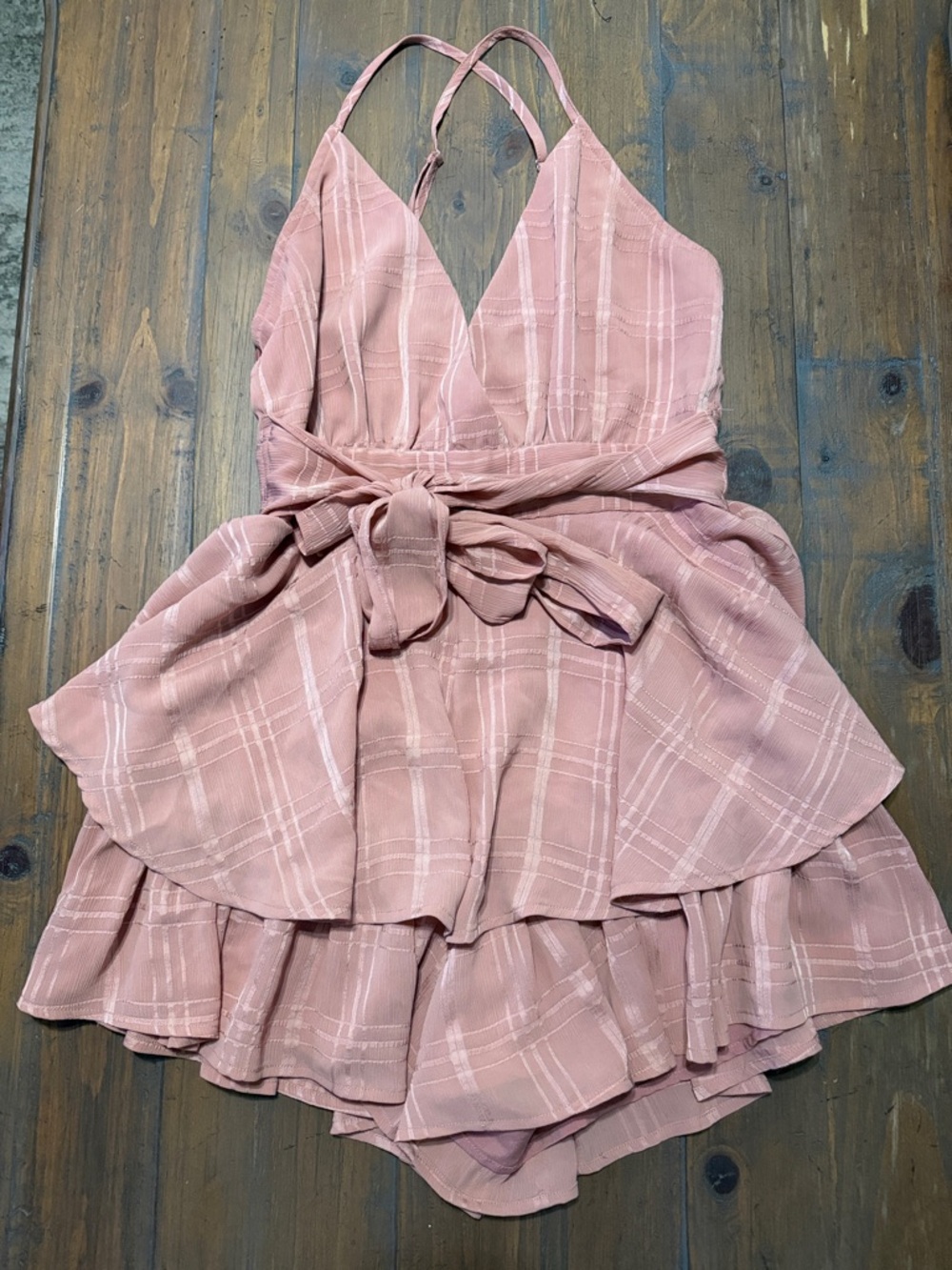 Princess Polly Mauve Plaid Ruffle Romper with Tie Waist
